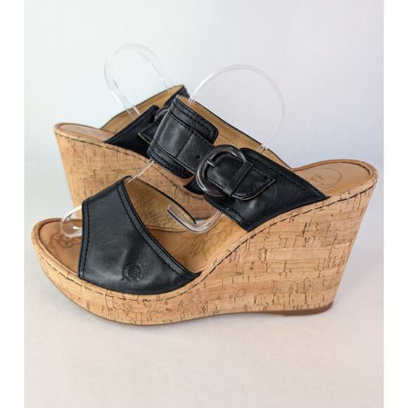 BORN Emmy Platform Wedge Sandals Black Leather Leather 10M - Picture 2 of 10